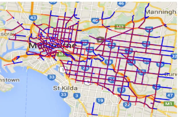 Figure 3.1: Melbourne roads with available traffic data are highlighted. Each physical road typically has 2 traffic directions, coloured red and blue