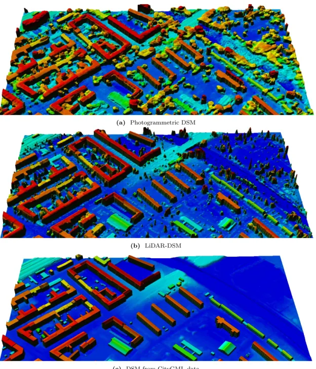 Figure 3.2: Visual comparison of DSMs generated with (a) Semi-Global Matching (SGM) [17] approach from six pan-chromatic Worldview-1 images, (b) LiDAR point cloud and (c) City Geography Markup Language (CityGML) data