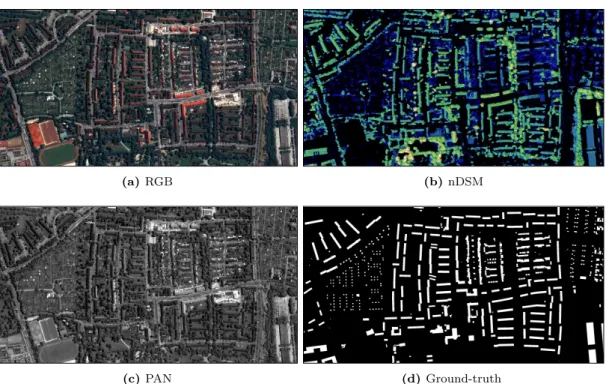Figure 4.3: A test area from the city of Munich unseen neither for the training nor for the validation phases consisted of (a) RGB, (b) nDSM, (c) PAN and (d) Ground-truth building mask.