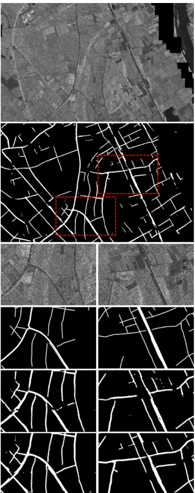 Fig. 2. Segmentation results of FCN-8s and DeepLabv3+ over the area of Bonn. Top to bottom: SAR image with masked urban areas, DeepLabv3+