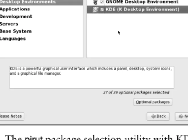 Figure 3-12 The  pirut  package selection utility with KDE selected