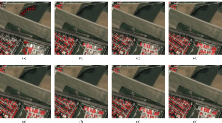 Fig. 4. Visualized comparison of different networks and coefficients λ 2 of L 1 loss; (a) CGAN (λ 2 = 1); (b) CGAN (λ 2 = 100); (c) ResNet-DUC; (d) U-Net; (e) CWGAN (λ 2 = 100); (f) CWGAN-GP (λ 2 = 1); (g) CWGAN-GP (λ 2 = 100); (h) ground truth.