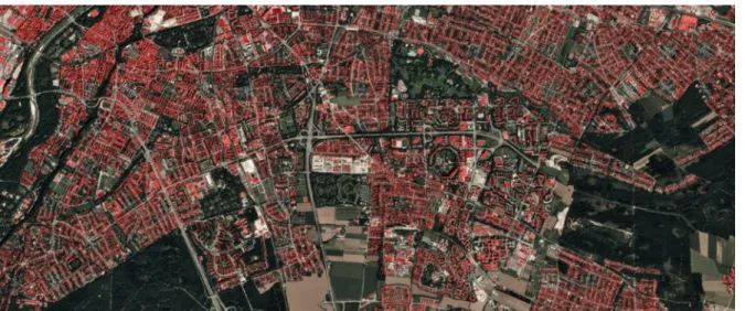 Fig. 6. Section of the entire Munich test area. Red color indicates the building footprint generated by the proposed method and overlays an optical image.