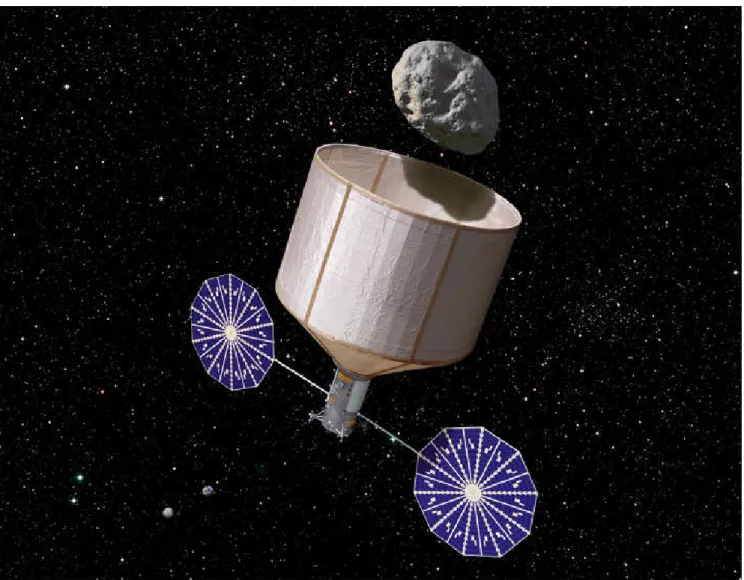 Illustration of an asteroid retrieval spacecraft in the process of capturing a 7-m, 500-ton asteroid
