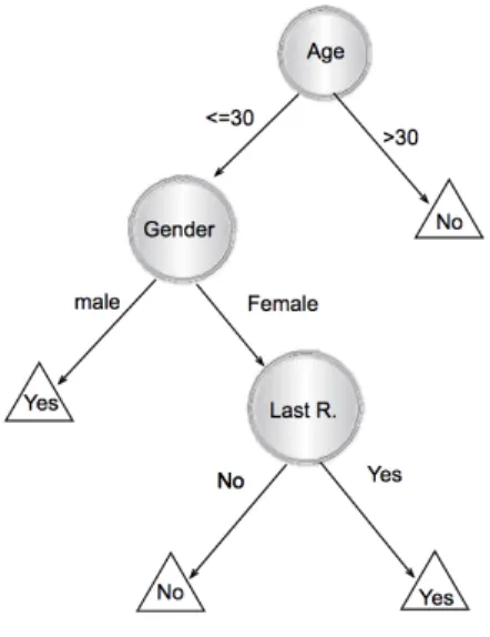 Fig. 3. Example of decision tree with ”age” as root node; ”gender” and ”last r” are the two decision nodes [12]