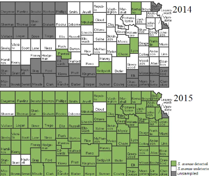 Figure 2.5: Incidence of S. avenae in samples, by Kansas counties in 2014 and 2015. 