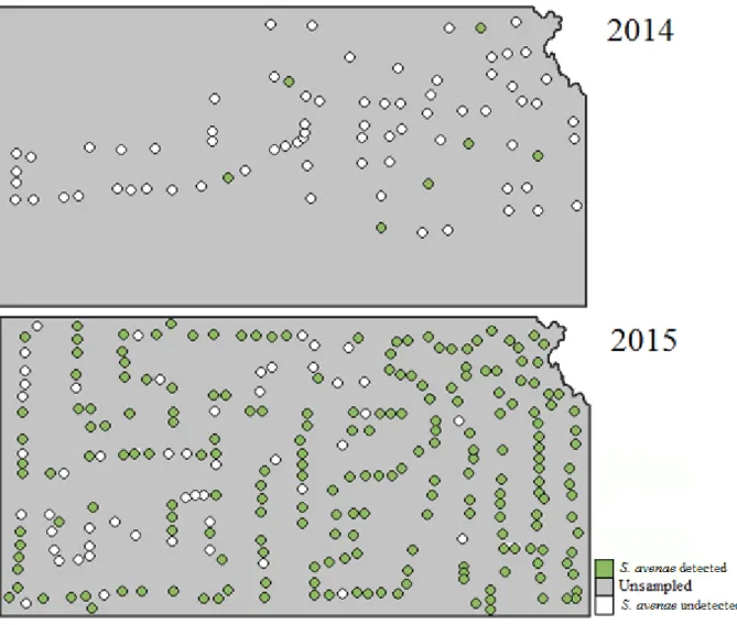 Figure 2.6: Incidence of S. avenae in Kansas in 2014 and 2015. Dots represent sample site