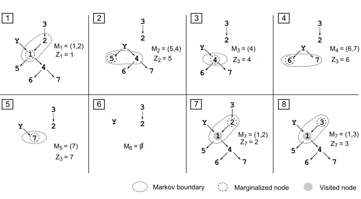 Figure 5: A contrieved example of the RMB algorithm for a PD distribution faithful to the DAGshown in black arrows