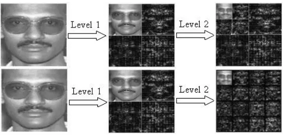 Figure 1: (Top) The two-dimensional wavelet decomposition of facial image with depth 2