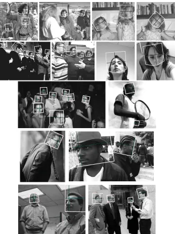 Figure 9: Some example face detections. Each white box shows the location of a detected face