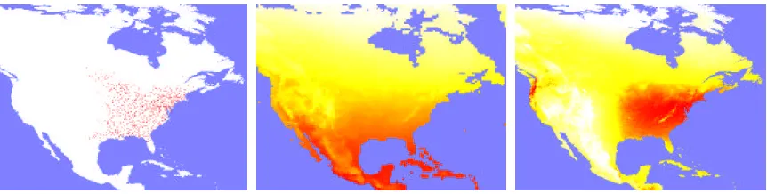 Figure 1: Left to right: Yellow-throated Vireo training localities from the ﬁrst random partition, anexample environmental variable (annual average temperature, higher values in red), max-ent prediction using linear, quadratic and product features