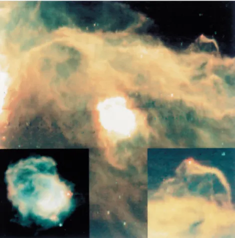 Figure 2. The Horsehead nebula region imaged by ISO. The three bright reddish dots, visible in the insets, are recently-born stars