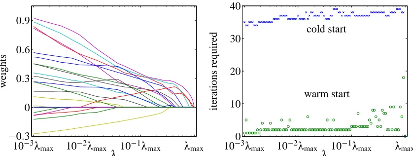 Figure 8: Left. Regularization path for leukemia cancer gene expression data. Right. Iterationsrequired for cold-start and warm-start methods.