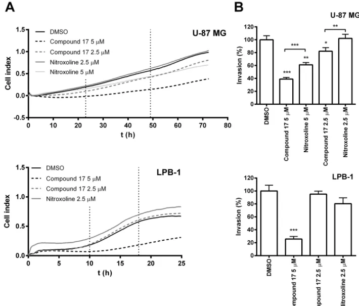 Figure 1: Compound 17 impairs the invasion of tumor cells.  (A) Tumor cell invasion monitored in real time