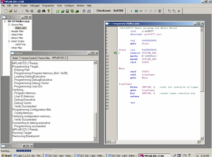 Figure 3:  Screen capture of MPLAB IDE ver 7.0 showing the file structure, assembly language  program and the communications between the IDE and the target MCU