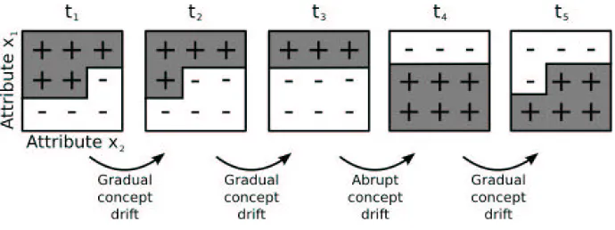 Figure 1. The concepts + and – change over time, from timeA problem with simultaneous target concepts that change at different speeds is illustrated int t1 to time t5