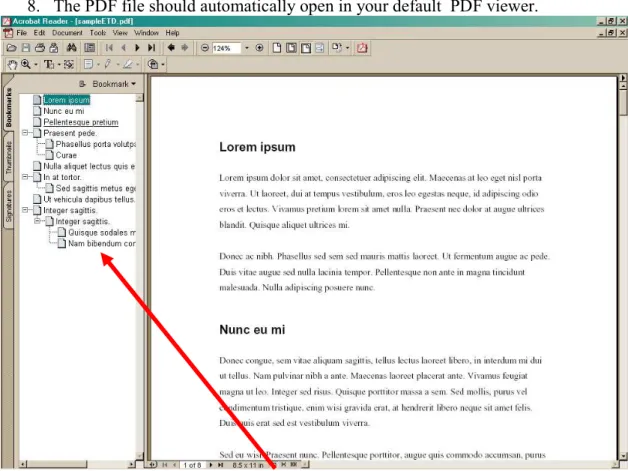 Figure 8: The PDF is created. Notice the bookmark structure for the chapter titles on the left side, all  formatted with a Heading style (here: Heading 1-3)