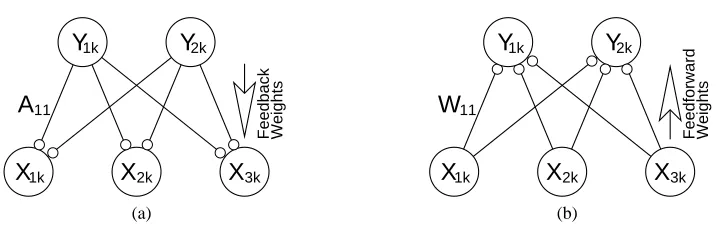 Figure 1: (a) A generative neural network model: feedback connections enable neural activations(⃗yk) to reconstruct an input pattern (⃗xk)