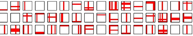 Figure 2: Typical training patterns for the standard bars problem. Horizontal and vertical bars in8x8 pixel images are independently selected to be present with a probability of 18