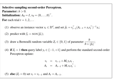 Figure 3: A selective sampling version of the second-order Perceptron algorithm.