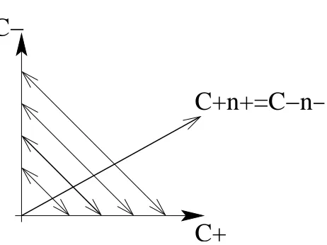 Figure 3: Lines in the (C+,C−)-space. The line C+n+ =C−n− is always followed ﬁrst; then severallines with constant C+ +C− are followed in parallel, around the optimal line for thevalidation data (bold curve).