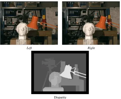 Figure 1: An illustration of the stereo problem. Given two images taken from slightly differentviewpoints (Left,Right) we search for the disparity of each pixel