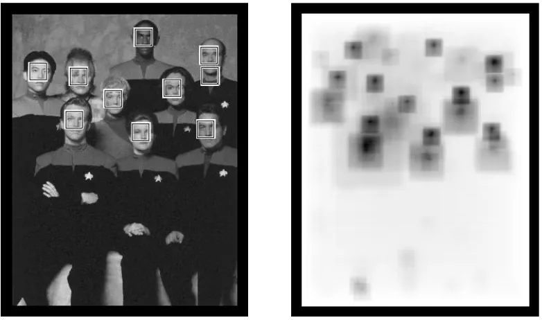 Figure 4: Left: Detections using our system. Right: The darkness of a pixel is proportional to theamount of local processing necessary to collect all detections.