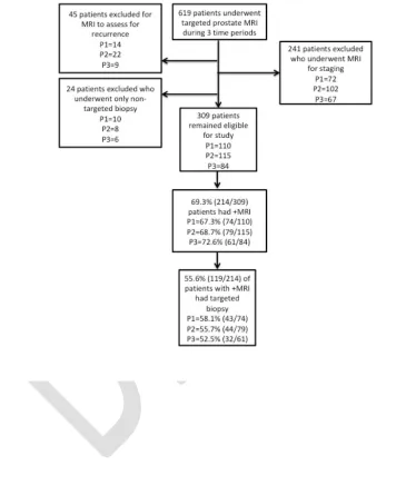 Fig. 1. Summary of patient inclusion and exclusion criteria. P1=time period to intervention; P2=time period during intervention; P3=time period after intervention during feedback
