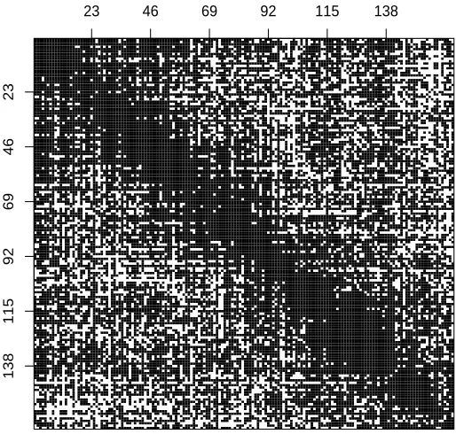 Figure 5: Adjacency matrix of the graph selected by the qp-procedure with q = 20 and β∗ = 0.975.Black points are present edges (value 1 in the adjacency matrix) and white points missingedges (value 0 in the adjacency matrix).