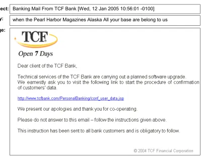 Figure 3: An example of a phishing e-mail in which the text of the whole message is embeddedinto an attached image, while the body ﬁeld contains only bogus text.