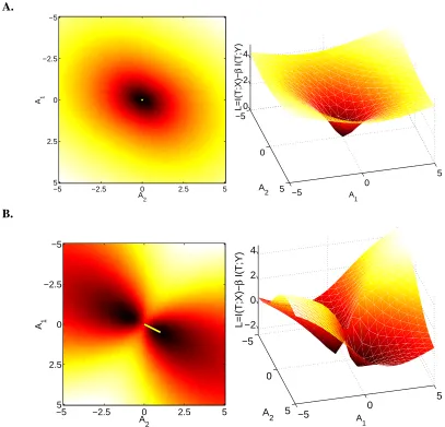 Figure 1: The surface of the target function L calculated numerically as a function of the optimiza-tion parameters in two illustrative examples with a scalar projection A  : R2 → R