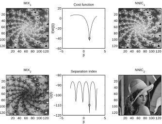 Figure 2: Images 1 and 2 mixtures (MIX1 and MIX2), behavior of cost function f and separationindex Q (shown in dB scales) and separated images (NNIC1 and NNIC2) obtained withthe optimal separation angle