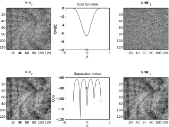 Figure 5: Images 1 and 2 strongly-noisy mixtures (MIX1 and MIX2), behavior of cost function fand separation index Q (shown in dB scales) and separated images (NNIC1 and NNIC2)obtained with the optimal separation angle