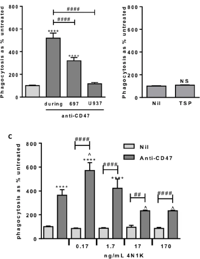 Figure 5: Anti-CD47 is only effective when bound to the target cells.  In the presence of anti-CD47, low dose 4N1K increases  phagocytosis whereas higher dose inhibits