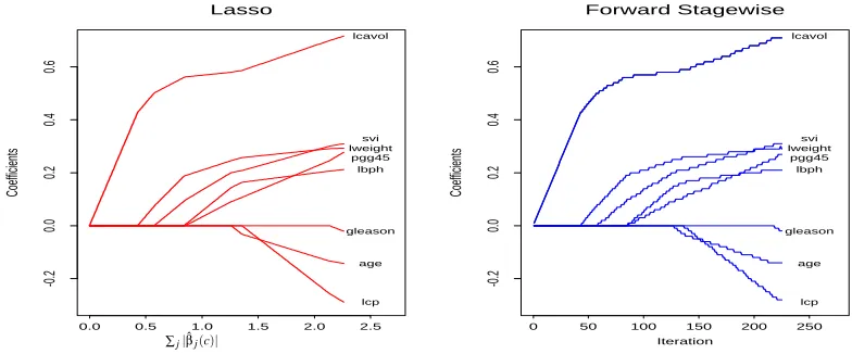 Figure 1: Exact coefﬁcient paths(left) for l1-constrained squared error regression and “boosting”coefﬁcient paths (right) on the data from a prostate cancer study