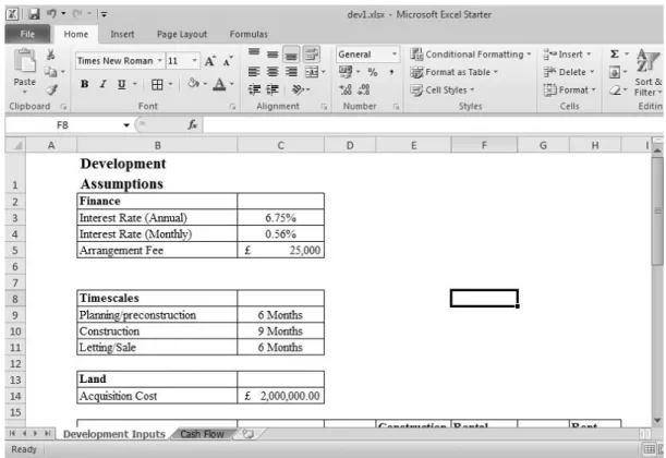 Figure 2: Using Excel for development appraisals; Inputs on a separate worksheet from cash flow 