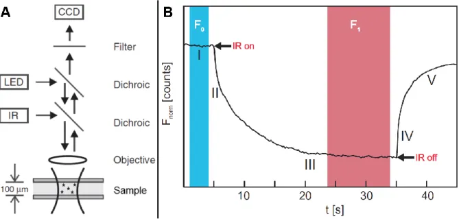 Figure 6: A) Schematic overview of a MST setup in which an IR-laser and a LED are coupled into the same optical path to  ensure that the sample heated by the IR-laser is at the same spot as the area monitored by the LED excitation/emission  of  traceable  