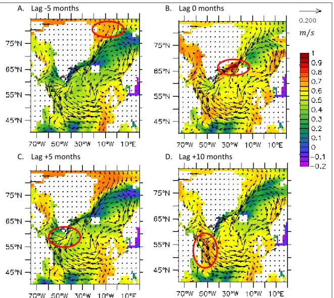 Figure 13 - Maps with correlations between dSSS at grid points vs dSSS at Denmark Strait