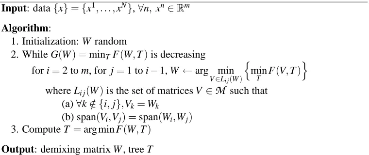 Figure 4: The TCA algorithm: F(W,T) is the contrast function and M is the search space for W,as deﬁned in Section 6.1 (we use the notation Ak for the k-th row of a matrix A).