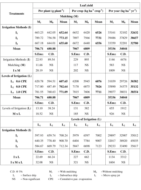 Table 2:Quantity of mulberry leaf as influenced by different methods, levels of irrigation and mulching 