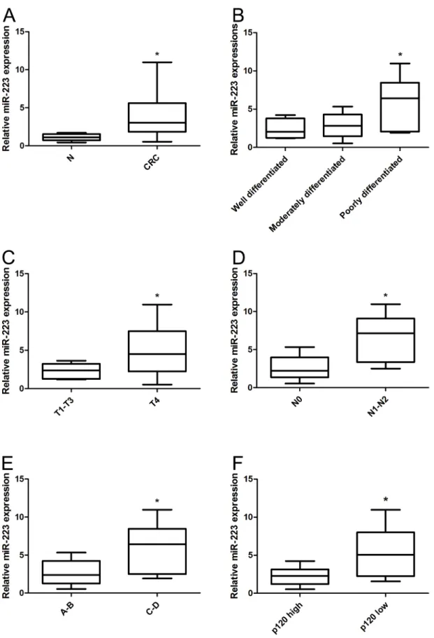 Figure 2: miR-223 is upregulated in human colon cancer tissues.  Total RNA was extracted from 18 colon cancer tissues and  corresponding normal tissues, and miR-223 was detected by real-time PCR