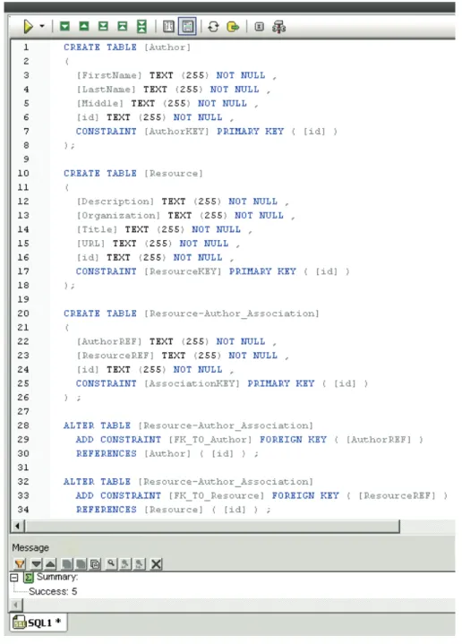 Figure 6. Autogenerated Data Definition Language DDL for Microsoft Access (from ResourceSchema.xsd)