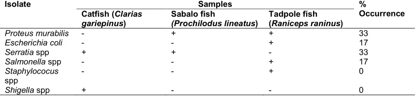 Table 2. Occurrence and percentage occurrence of bacteria isolated from fish sample  