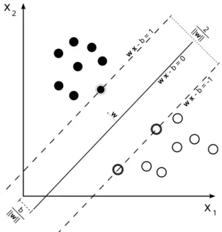 Figure 7: Illustration of how the hyperplane obtained by an SVM separates and classifies points with two different classes.
