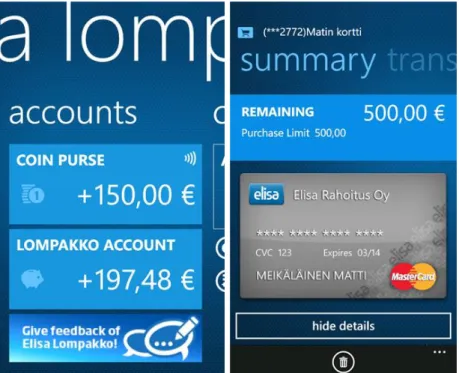 Figure 8. Elisa Wallet summary screen captures. [21] 