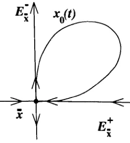 Figure 2.1: xo(t) is a solution which is homoclinic to the hyperbolic saddle T. 