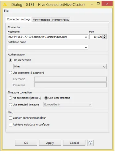 Figure 4. Configuration window of the Apache Hive Connector node 