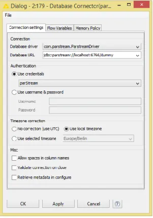 Figure 5. Configuration window of the Connector node to the parStream platform 