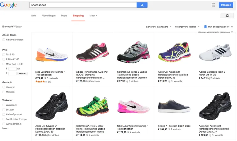 Figure 1.1: Example of shown product ads on Google Shopping. The search query is ’sport shoes’.