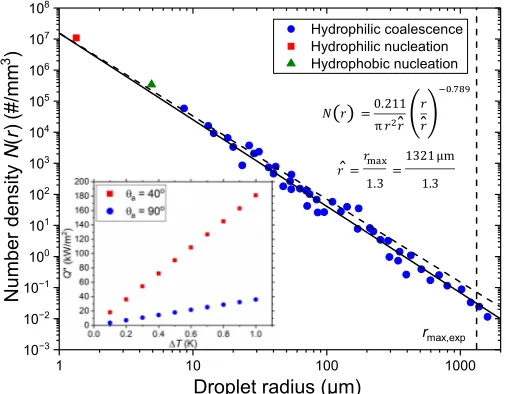 Fig. 3. Hydrophilic versus hydrophobic. Two exemplary transient droplet size distributions during condensation captured with a macro and 20× microscope lens on the (A and B) hydrophobic substrate (a/r = 110° ± 4°/102° ± 5°) and (C and D) PEGylated substr
